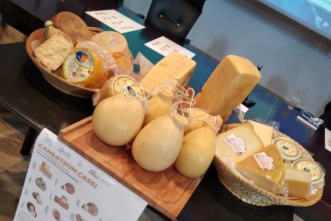 Selezione di formaggi esposti sul tavolo dei relatori