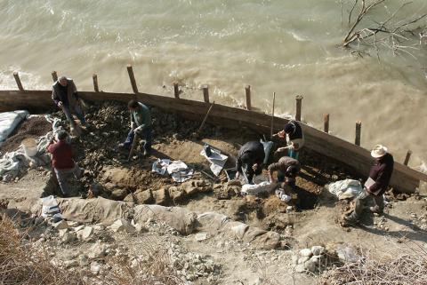 Scavo dello scheletro fossile di Balaenoptera cf. musculus sulle rive del lago di San Giuliano, Matera (foto G. Bianucci).