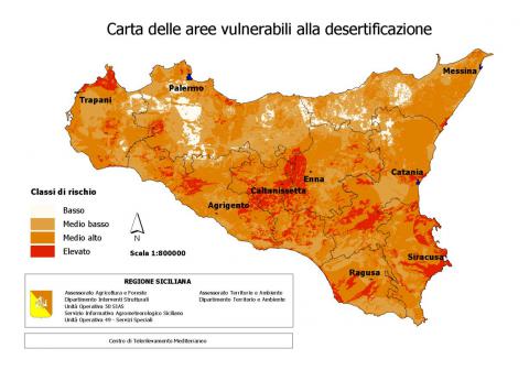 Carta delle aree vulnerabili alla desertificazione della Sicilia (fonte: Regione Siciliana) 