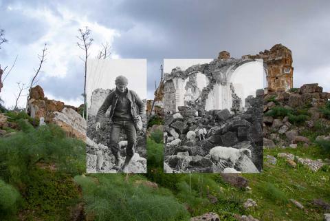 Rifotografia di uno scorcio del paese di Montevago (Agrigento). La prima fotografia (in bianco e nero) è stata scattata poco dopo il terremoto, la seconda (a colori) è stata scattata nel 2020. Si nota come poco o nulla sia cambiato in 52 anni.